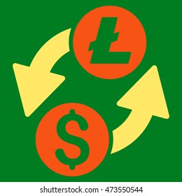 Dollar Litecoin Exchange icon. Vector style is bicolor flat iconic symbol with rounded angles, orange and yellow colors, green background.