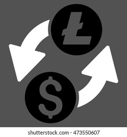 Dollar Litecoin Exchange icon. Vector style is bicolor flat iconic symbol with rounded angles, black and white colors, gray background.