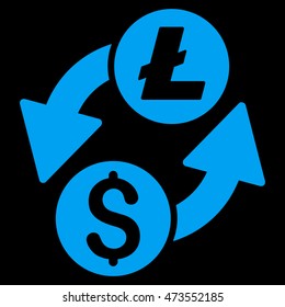 Dollar Litecoin Exchange icon. Vector style is flat iconic symbol with rounded angles, blue color, black background.