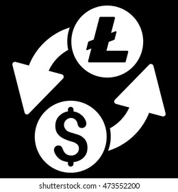 Dollar Litecoin Exchange icon. Vector style is flat iconic symbol with rounded angles, white color, black background.