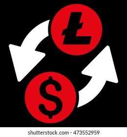 Dollar Litecoin Exchange icon. Vector style is bicolor flat iconic symbol with rounded angles, red and white colors, black background.