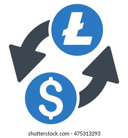 Dollar Litecoin Exchange icon. Vector style is bicolor flat iconic symbol with rounded angles, smooth blue colors, white background.