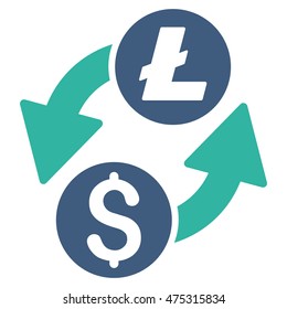 Dollar Litecoin Exchange icon. Vector style is bicolor flat iconic symbol with rounded angles, cobalt and cyan colors, white background.
