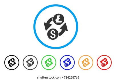Dollar Litecoin Exchange icon. Vector illustration style is a flat iconic dollar litecoin exchange gray rounded symbol inside light blue circle with black, gray, green, blue, red,