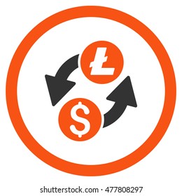 Dollar Litecoin Exchange rounded icon. Vector illustration style is flat iconic bicolor symbol, orange and gray colors, white background.