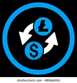 Dollar Litecoin Exchange rounded icon. Vector illustration style is flat iconic bicolor symbol, blue and white colors, black background.