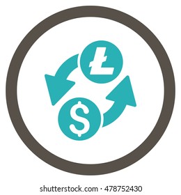 Dollar Litecoin Exchange vector bicolor rounded icon. Image style is a flat icon symbol inside a circle, grey and cyan colors, white background.