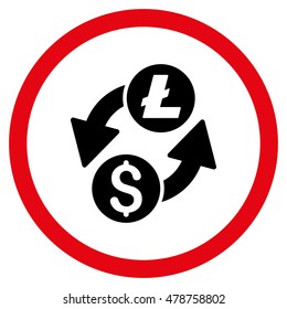 Dollar Litecoin Exchange vector bicolor rounded icon. Image style is a flat icon symbol inside a circle, intensive red and black colors, white background.