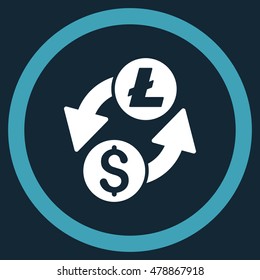 Dollar Litecoin Exchange vector bicolor rounded icon. Image style is a flat icon symbol inside a circle, blue and white colors, dark blue background.