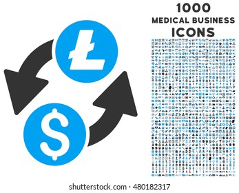 Dollar Litecoin Exchange vector bicolor icon with 1000 medical business icons. Set style is flat pictograms, blue and gray colors, white background.