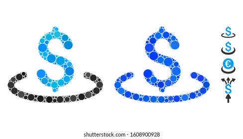 Dollar location composition of small circles in various sizes and color tints, based on dollar location icon. Vector small circles are united into blue composition.