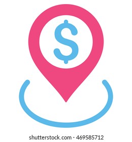 Dollar Location icon. Vector style is bicolor flat iconic symbol with rounded angles, pink and blue colors, white background.