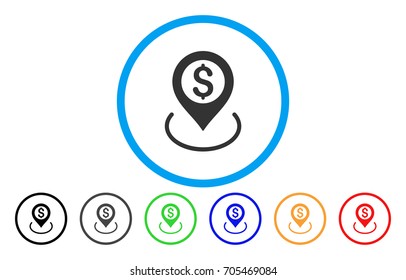 Dollar Location vector rounded icon. Image style is a flat gray icon symbol inside a blue circle. Additional color versions are grey, black, blue, green, red, orange.