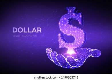 Dollar. Low poly abstract mesh line and point United States Dollar sign in hand. USD currency icon. American currency. Cash and money, wealth, payment symbol. 3D polygonal vector illustration.
