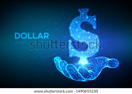 Dollar. Low poly abstract mesh line and point United States Dollar sign in hand. USD currency icon. American currency. Cash and money, wealth, payment symbol. 3D polygonal vector illustration.