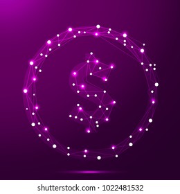 Dollar low poly coin, lines and dots connected to form, vector illustration
