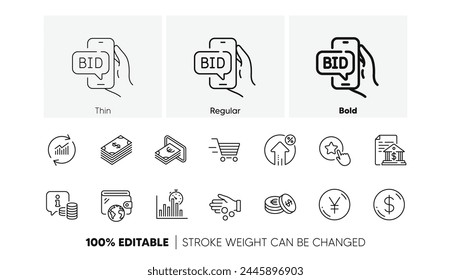 Dollar-, Treuestern- und Info-Liniensymbole. Pack Spendengeld, Bankdokument, Yen-Geld-Symbol. Kreditanteil, Aktualisiere Daten, Cash-Piktogramm. Liefereinkauf, Angebot, Sparen. Brieftasche. Vektorgrafik