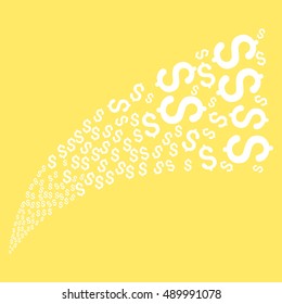 Dollar Magic Tail vector illustration. Style is white flat dollar symbols, yellow background.