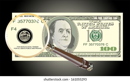 A dollar magnified to find a 100 dollar bill