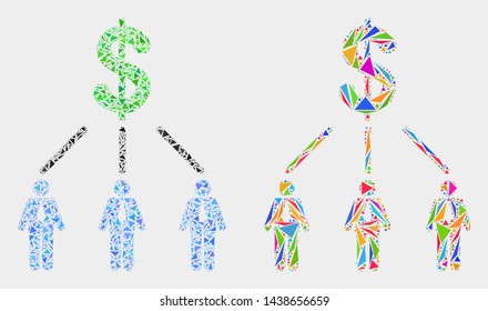Dollar managers links collage icon of triangle elements which have various sizes and shapes and colors. Geometric abstract vector design concept of dollar managers links.