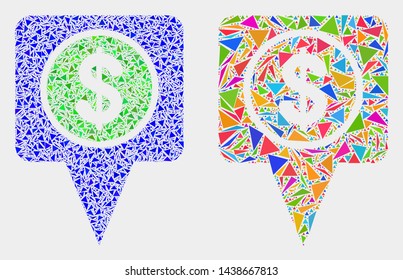 Dollar map marker collage icon of triangle items which have different sizes and shapes and colors. Geometric abstract vector illustration of dollar map marker.