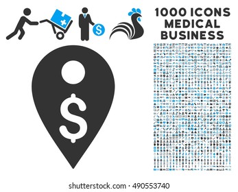 Dollar Map Marker icon with 1000 medical commercial gray and blue vector design elements. Design style is flat bicolor symbols, white background.