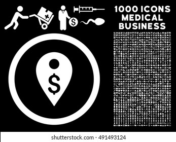Dollar Map Marker icon with 1000 medical business white vector pictograms. Clipart style is flat symbols, black background.