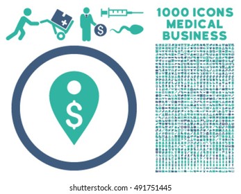 Dollar Map Marker icon with 1000 medical commerce cobalt and cyan vector design elements. Clipart style is flat bicolor symbols, white background.