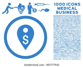 Dollar Map Marker icon with 1000 medical commercial cobalt vector pictographs. Design style is flat symbols, white background.