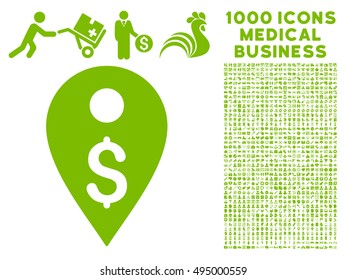 Dollar Map Marker icon with 1000 medical commercial eco green vector design elements. Set style is flat symbols, white background.