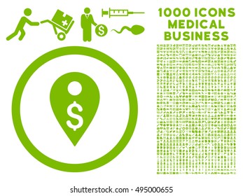 Dollar Map Marker icon with 1000 medical business eco green vector pictograms. Set style is flat symbols, white background.