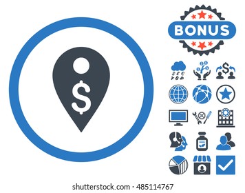 Dollar Map Marker icon with bonus design elements. Vector illustration style is flat iconic bicolor symbols, smooth blue colors, white background.