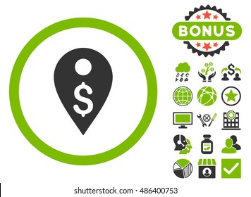 Dollar Map Marker icon with bonus elements. Vector illustration style is flat iconic bicolor symbols, eco green and gray colors, white background.