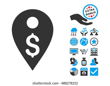 Dollar Map Marker icon with bonus symbols. Vector illustration style is flat iconic bicolor symbols, blue and gray colors, white background.