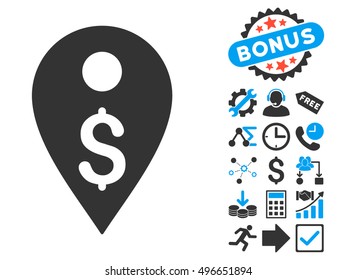 Dollar Map Marker icon with bonus images. Vector illustration style is flat iconic bicolor symbols, blue and gray colors, white background.