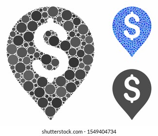 Dollar map marker mosaic of circle elements in various sizes and color hues, based on dollar map marker icon. Vector round elements are combined into blue mosaic.