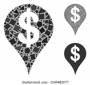 Dollar map marker mosaic of unequal elements in various sizes and color hues, based on dollar map marker icon. Vector unequal elements are organized into illustration.