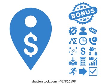 Dollar Map Marker pictograph with bonus pictogram. Vector illustration style is flat iconic symbols, cobalt color, white background.