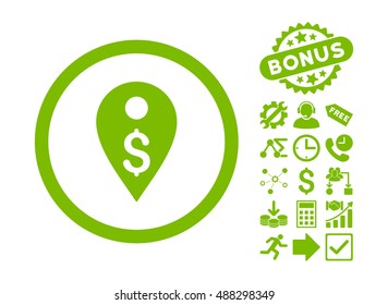 Dollar Map Marker pictograph with bonus images. Vector illustration style is flat iconic symbols, eco green color, white background.