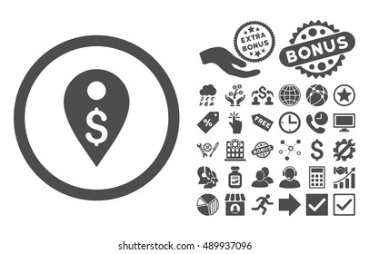 Dollar Map Marker pictograph with bonus symbols. Vector illustration style is flat iconic symbols, gray color, white background.