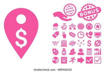 Dollar Map Marker pictograph with bonus design elements. Vector illustration style is flat iconic symbols, pink color, white background.