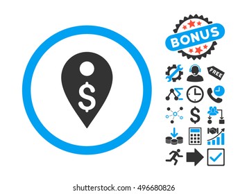 Dollar Map Marker pictograph with bonus pictogram. Vector illustration style is flat iconic bicolor symbols, blue and gray colors, white background.