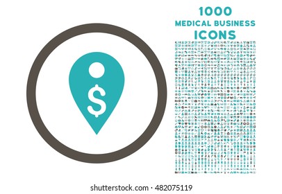 Dollar Map Marker rounded vector bicolor icon with 1000 medical business icons. Set style is flat pictograms, grey and cyan colors, white background.