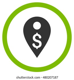 Dollar Map Marker vector bicolor rounded icon. Image style is a flat icon symbol inside a circle, eco green and gray colors, white background.