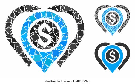 Dollar map markers composition of ragged elements in different sizes and shades, based on dollar map markers icon. Vector raggy elements are united into collage.