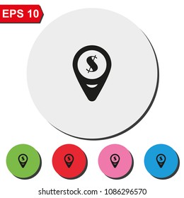 Dollar map pin flat round colorful vector icon.