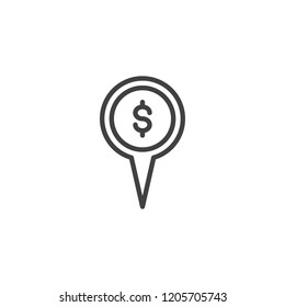 Dollar map pin outline icon. linear style sign for mobile concept and web design. Money Map Marker simple line vector icon. Sale symbol, logo illustration. Pixel perfect vector graphics