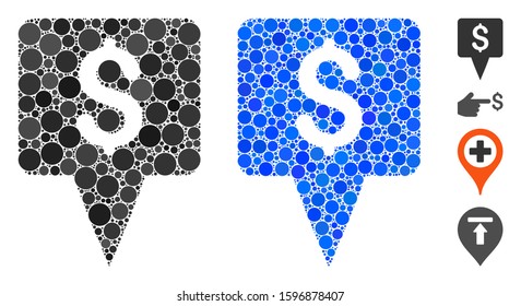 Dollar map pointer composition of circle elements in variable sizes and shades, based on dollar map pointer icon. Vector circle elements are composed into blue composition.