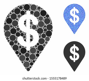 Dollar map pointer mosaic of circle elements in various sizes and color hues, based on dollar map pointer icon. Vector round elements are combined into blue mosaic.