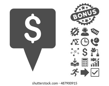 Dollar Map Pointer pictograph with bonus icon set. Vector illustration style is flat iconic symbols, gray color, white background.
